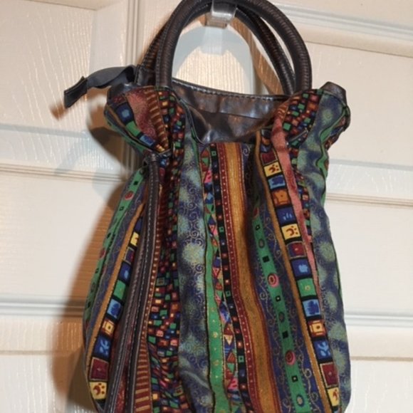 Drawstring Bucket Boho Mini Handbag Purse Silver Gray Multi Colors Striped - Picture 8 of 15